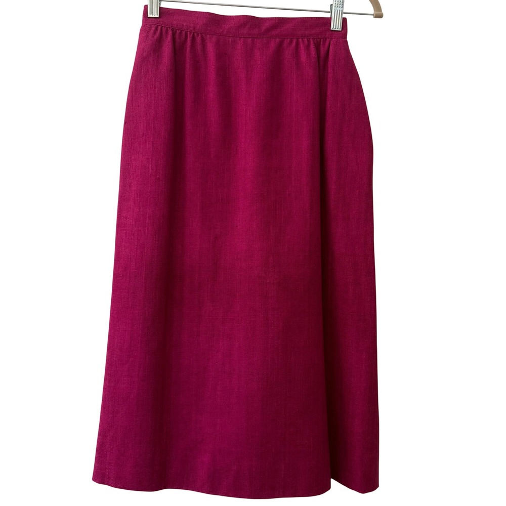 Vintage‎ Magenta Pink Linen Academia Textured Midi Skirt High Waisted A-Line 4